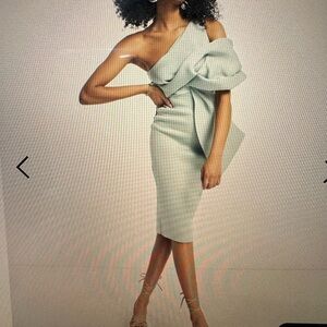 ASOS. Shoulder tuck midi pencil dress in frosted sage, thick, scuba-style fabric